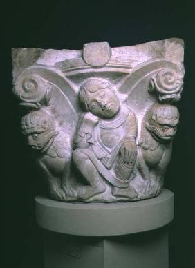 Carved capital depicting Daniel in the Lion's Den, originally from the Church of St. Genevieve (Pant