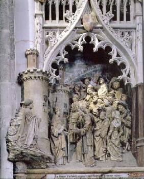 Choir-screen, detail of reliefs on south side depicting a scene from the life of St. Firmin (Firminu