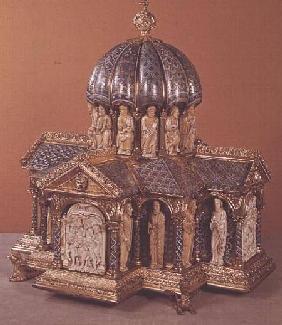 The Eltenberg Reliquary, copper-gilt, enriched with champleve enamel,and set with ivory carvings