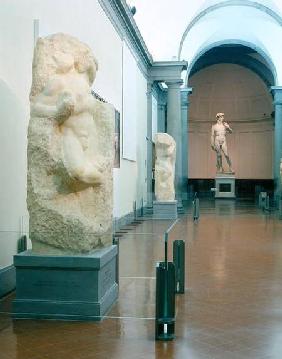 Interior view of the gallery with Michelangelo's 'Awakening Slave' and 'David' in the background (ph