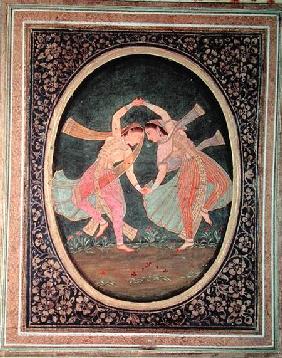 Pair of dancing girls performing a Kathak danceMughal