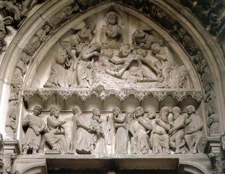 Tympanum depicting (top) an exorcism and (below) the Presentation in the Temple van Anoniem