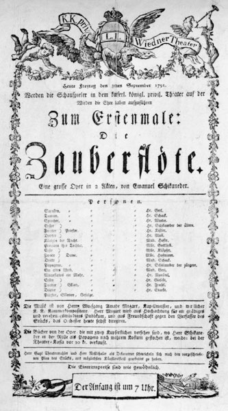 Poster advertising the premiere of 'The Magic Flute' by Wolfgang Amadeus Mozart at the Freihaustheat van Anoniem