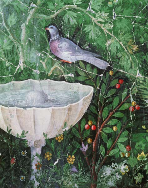 Wall painting of a dove in a garden by a fountain van Anoniem