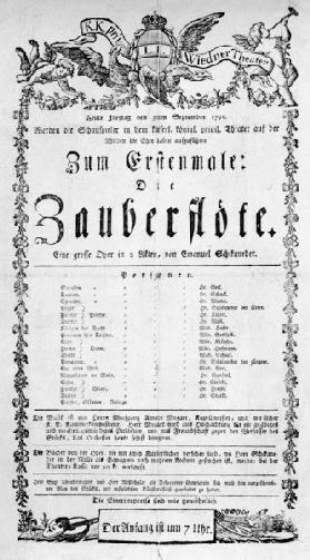 Poster advertising the premiere of 'The Magic Flute' by Wolfgang Amadeus Mozart at the Freihaustheat