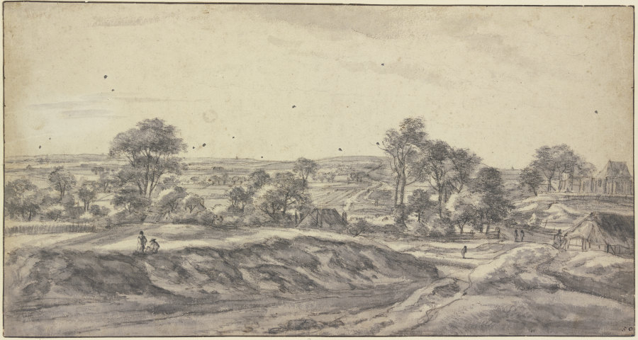 Unter Bäumen zerstreutes Dorf, rechts die Kirche, weite Ferne mit hügeligen Feldern van Anthonie Waterloo