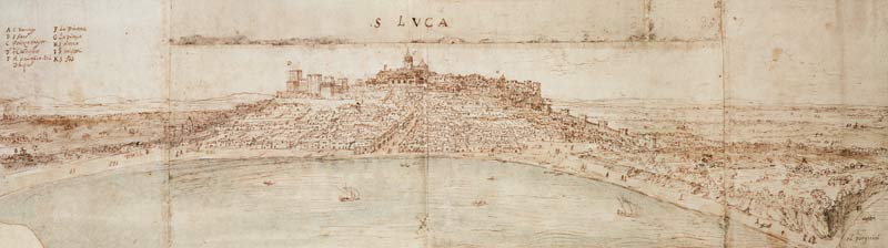 Panoramic View of Lucca (pen and ink and w/c on paper) van Anthonis van den Wyngaerde