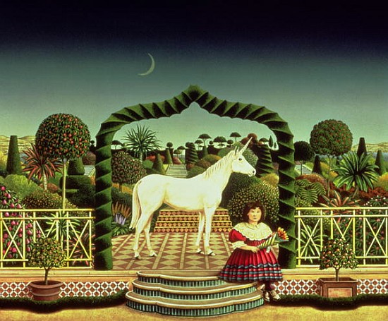 Girl with a Unicorn, 1980 (acrylic on board)  van Anthony  Southcombe