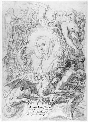 Catherine Monvoisin with the Three Fates on the right and Death on the left (pencil on paper) van Antoine Coypel