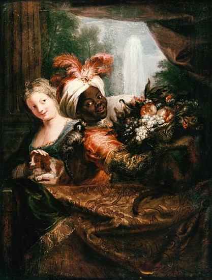 Young Black Man Holding a Basket of Fruit and a Young Girl Stroking a Dog van Antoine Coypel