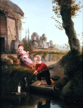 Two children playing with a boat