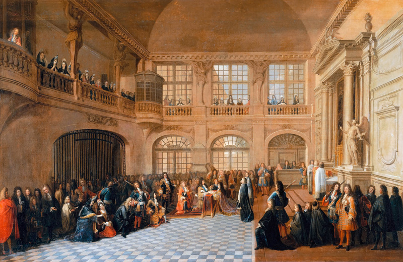 Louis XIV receiving the oath of the Marquis De Dangeau, Grand Master of the Order of Saint Lazare in van Antoine Pezey