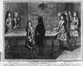 Louis XIV playing billiards with his brother, Monsieur, his nephew the duc de Chartres , his son, th