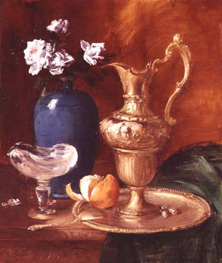Still life of a gilt ewer, vase of flowers and a facon de Venise bowl van Antoine Vollon