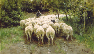 Bewegende kudde schapen in het bos van Anton Mauve