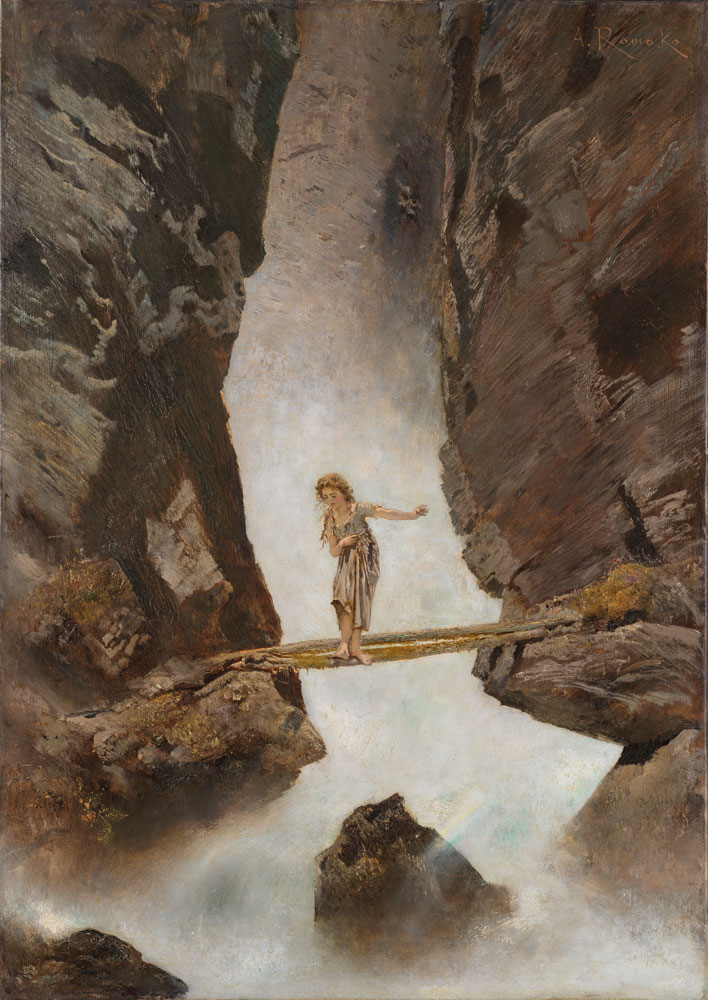 Girl crossing a mountain torrent van Anton Romáko