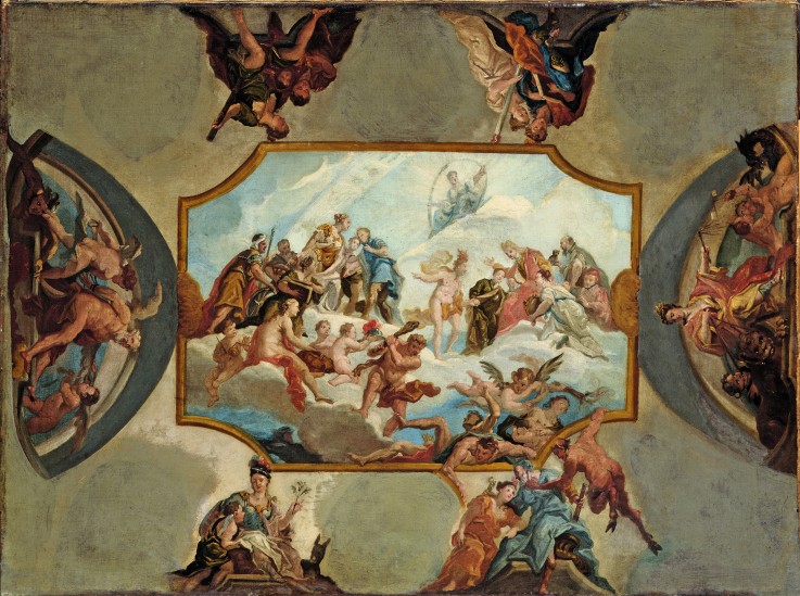 Reverence to Johann Wilhelm, Elector Palatine. Design for a Ceiling Painting for Bensberg Castle van Antonio Bellucci