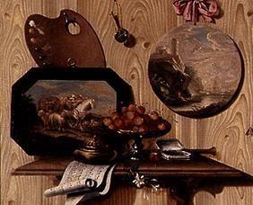 Trompe-l'Oeil: Schale mit Kirschen, Dose, Notenblatt, Palette und zwei Bildern