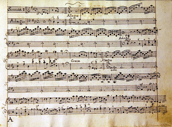 Manuscript page from the score of Opus V, ''Sonata for violin, violone, and harpsichord'' van Arcangelo Corelli