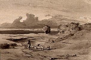 Entwurf zum Gemälde Landschaft bei Sonnenuntergang van Arnold Böcklin