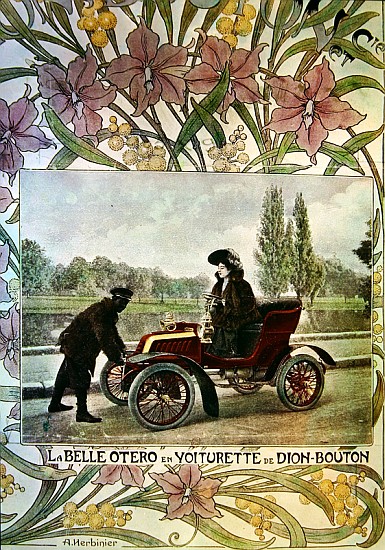 La Belle Otero at the wheel of a De Dion-Bouton car, c.1900 van Arsene Herbinier