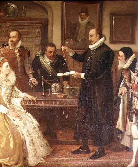 Dr William Gilberd (1540-1603) Showing his Experiment on Electricity to Queen Elizabeth I and her Co van Arthur Ackland Hunt