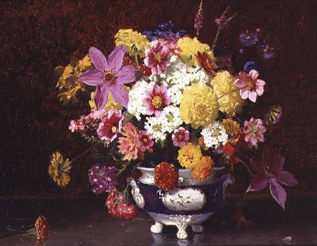 Still Life with Lilacs and Chrysanthemums van Arthur Herbert Buckland