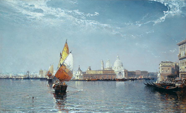 Venetian Canal Scene with the Salute in the distance van Arthur Joseph Meadows