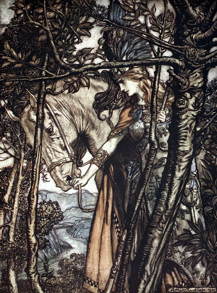 Brünnhilde leads her horse by the bridle. Illustration for "The Rhinegold and The Valkyrie" by Richa van Arthur Rackham