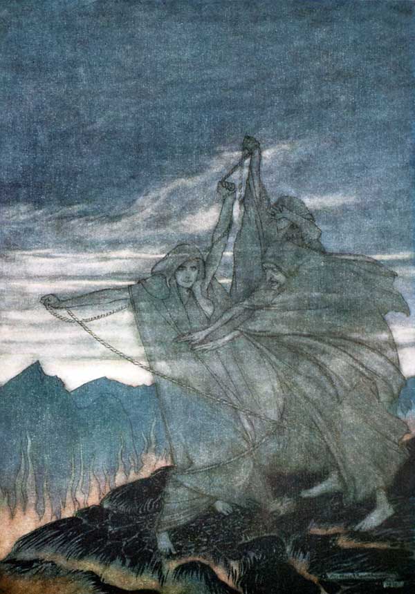 The Norns Vanish. Illustration for "Siegfried and The Twilight of the Gods" by Richard Wagner van Arthur Rackham