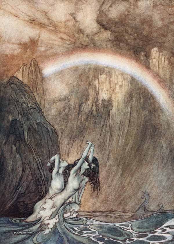 The Rhinemaidens bewail their lost gold. Illustration for "The Rhinegold and The Valkyrie" by Richar van Arthur Rackham