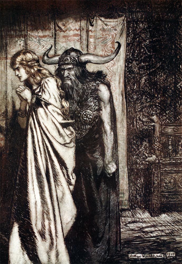 O wife betrayed I will avenge they trust deceived! Illustration for "Siegfried and The Twilight of t van Arthur Rackham