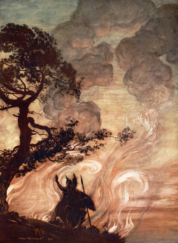 Wotan turns and looks sorrowfully back at Brünnhilde. Illustration for "The Rhinegold and The Valkyr van Arthur Rackham
