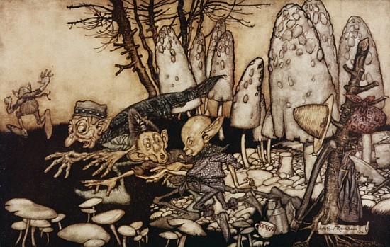 A band of workmen, who were sawing down a toadstool, rushed away, leaving their tools behind them fr van Arthur Rackham