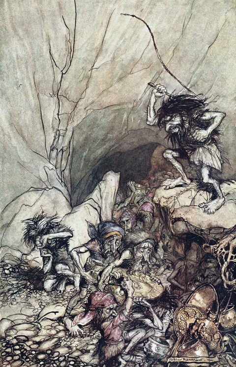 Alberich drives in a band of Niblungs laden with gold and silver treasure. Illustration for "The Rhi van Arthur Rackham