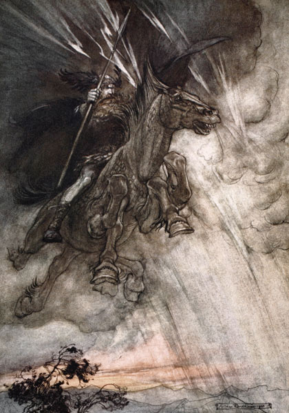 Furiously Wotan is riding to the rock. Illustration for "The Rhinegold and The Valkyrie" by Richard  van Arthur Rackham