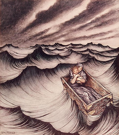 Danae and her son Perseus put in a chest and cast into the sea van Arthur Rackham