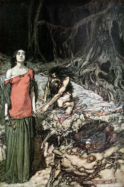 The wooing of Grimhilde, the mother of Hagen. Illustration for "Siegfried and The Twilight of the Go van Arthur Rackham