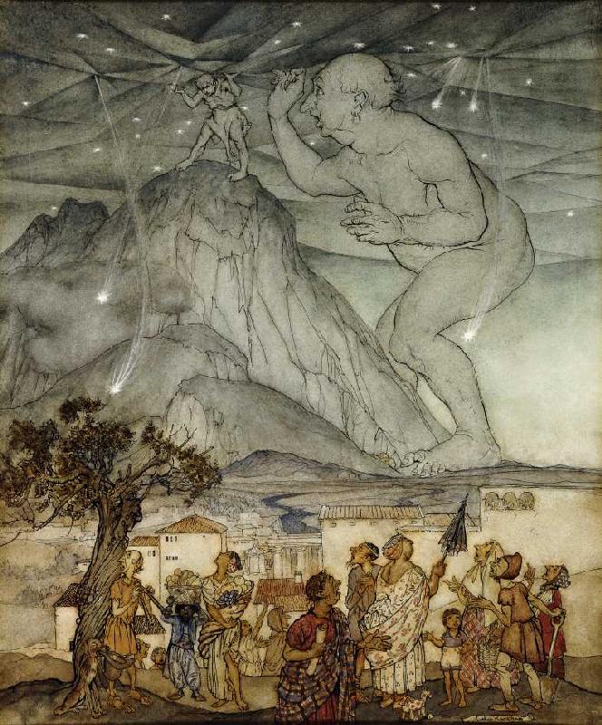 Herkules trägt für Atlas den Himmel (Zeichnung für 'Hawthorne's Wonder Book') van Arthur Rackham