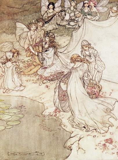 Illustration for a Fairy Tale, Fairy Queen Covering a Child with Blossom van Arthur Rackham
