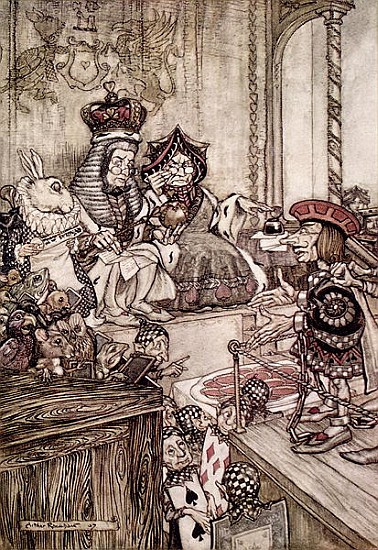 Knave before the King and Queen of Hearts, illustration to ''Alice''s Adventures in Wonderland'' Lew van Arthur Rackham