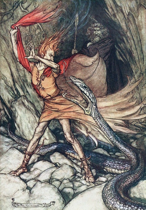 Ohe! Ohe! Terrible dragon, oh, swallow me not! Illustration for "The Rhinegold and The Valkyrie" by  van Arthur Rackham