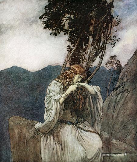 Brünnhilde kisses the ring that Siegfried has left with her. Illustration for "Siegfried and The Twi