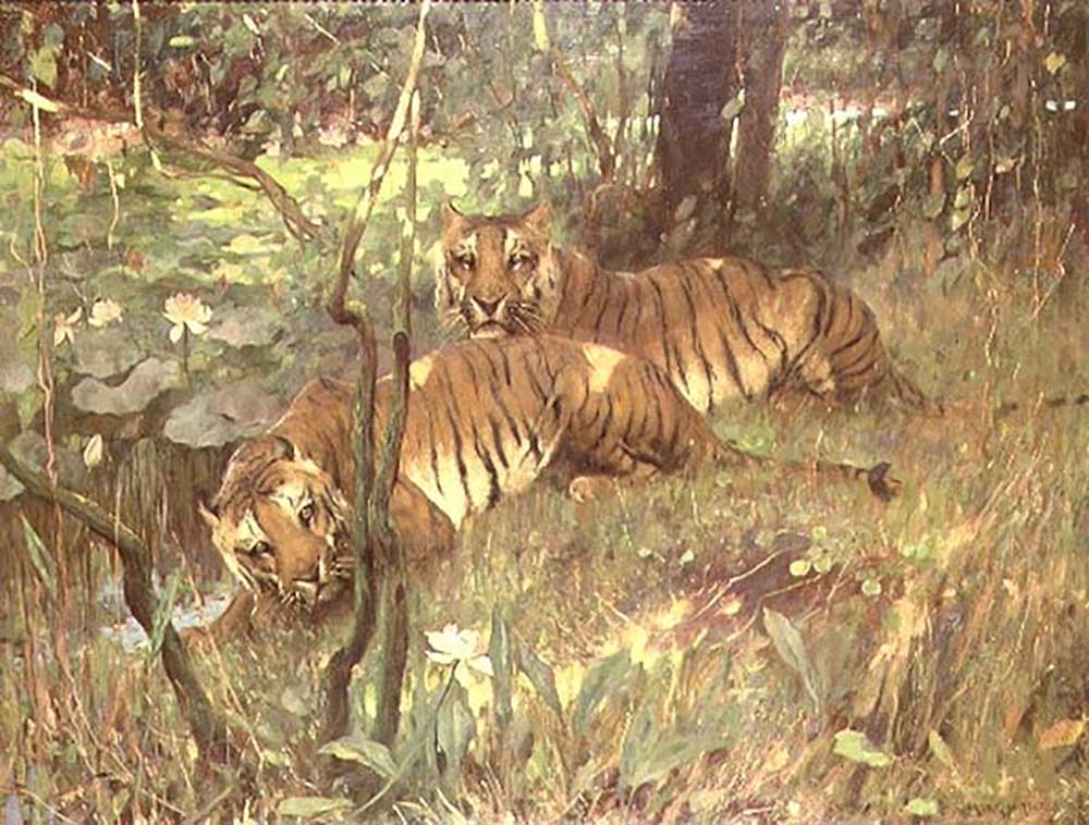 Tigers Resting in Tropical Forest by a River van Arthur Wardle