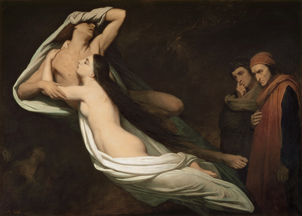 The figures of Francesca da Rimini and Paolo da Verrucchio appear to Dante and Virgil, illustration van Ary Scheffer