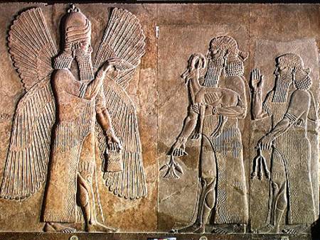Frieze depicting a winged spirit, a sargon or priest carrying a gazelle and a worshipper carrying a van Assyrian