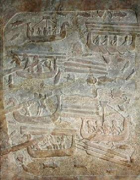 Relief depicting the unloading of wood after transportation by sea, from the Palace of Sargon II, Kh