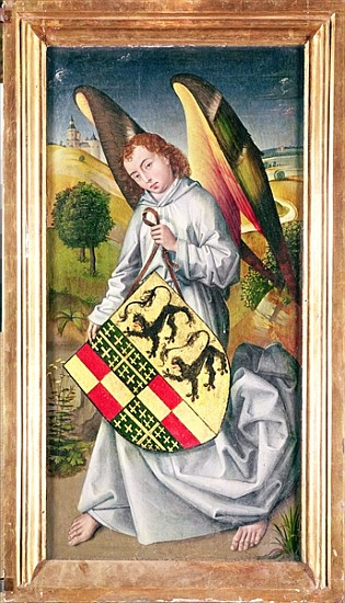 Angel holding a shield with the heraldic arms of de Chaugy and Montagu families with the two leopard van (attr. to) Rogier van der Weyden