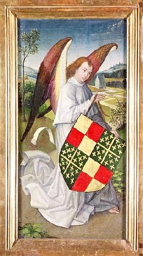 Angel holding a shield emblazoned with the heraldic arms of the de Chaugy and Montagu arms, 1460-66
