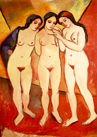 Three Naked Girls (red and orange) van August Macke